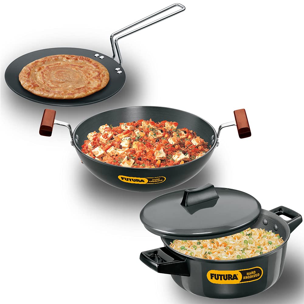 Hard Anodised Induction Compatible SET:
• FRYING PAN:  With Stainless Steel Lid 25 cm DIA; 4.06 mm Thick
• DEEP-FRY PAN: With 2 Short Handles  With Stainless Steel Lid 2.5 Litre; 4.06 mm Thick
• COOK n SERVE BOWL: 3 Litre; 4.06 mm Thick