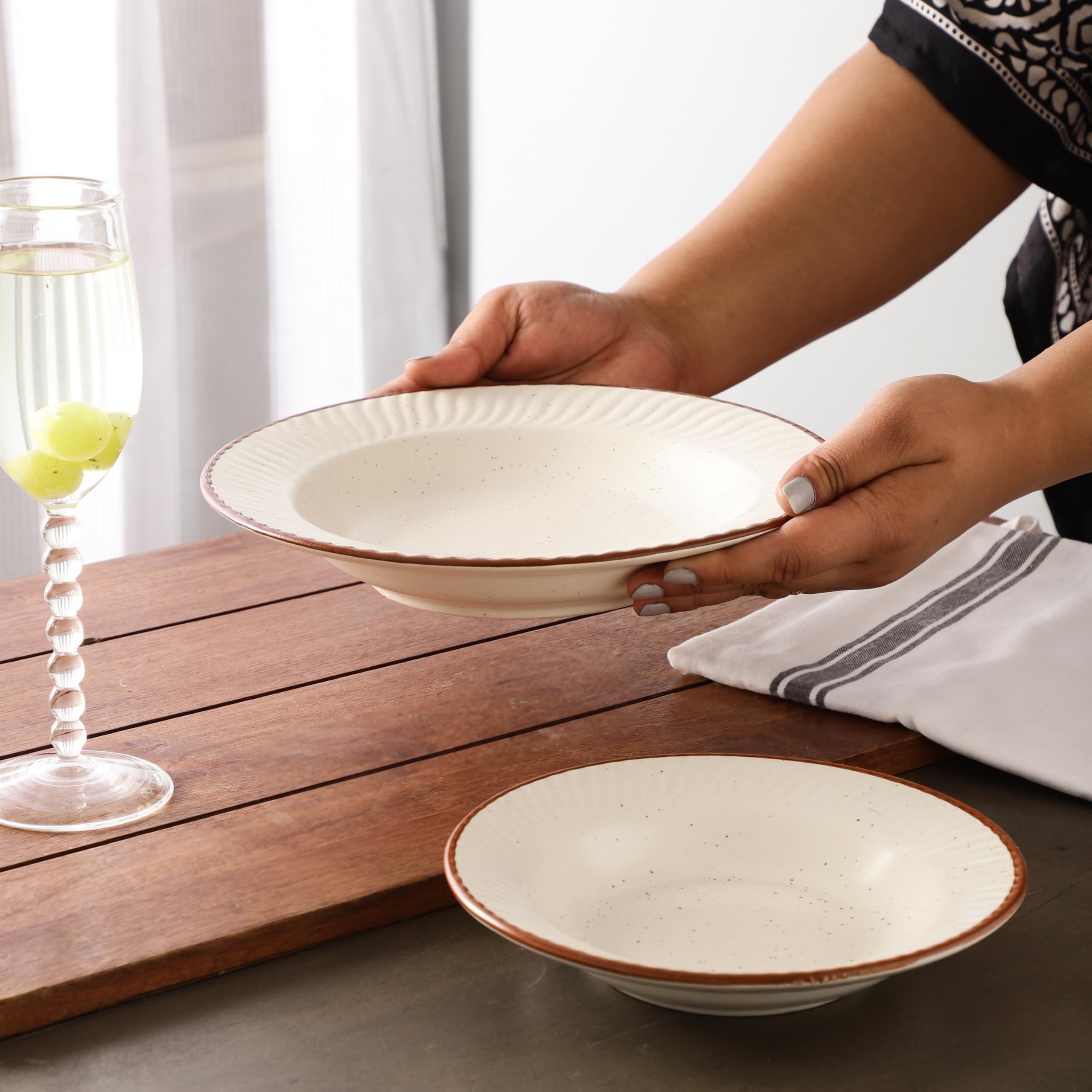 Miah Decor Handcrafted Matt Finish Stoneware Serving Shallow Bowl-Set of 2 MD-14