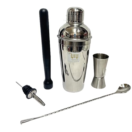 Dynore SS Professional Bar Set(Cocktail Shaker,Tall Peg Measure,Teardrop Bar Spoon,Wine Pourer,PVC Muddler Black)5 Pcs DS_1243
