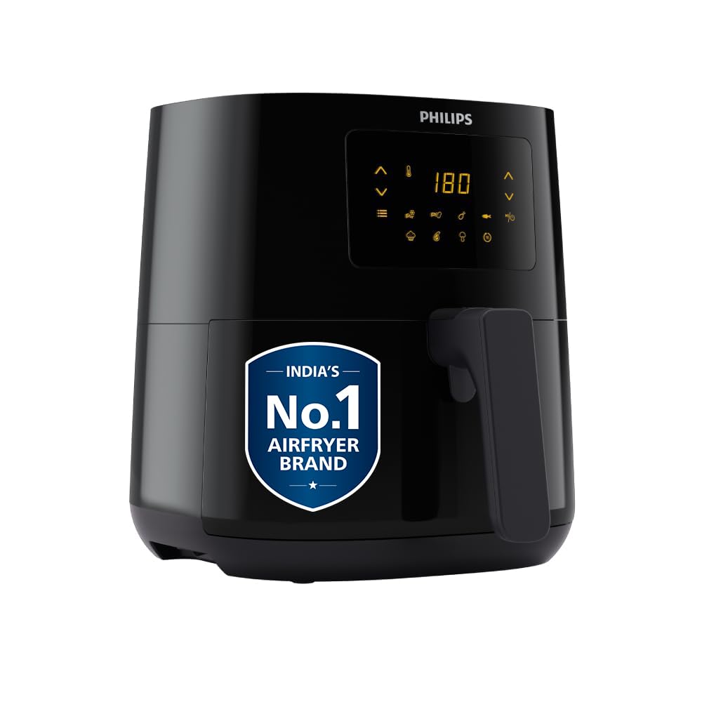 PHILIPS Digital Airfryer with Touch Panel, 4.1L, with RapidAir Technology,with additional 1 Yr Warranty by Philips, 7 Pre-set Menu (HD9252/90)(Black), Large