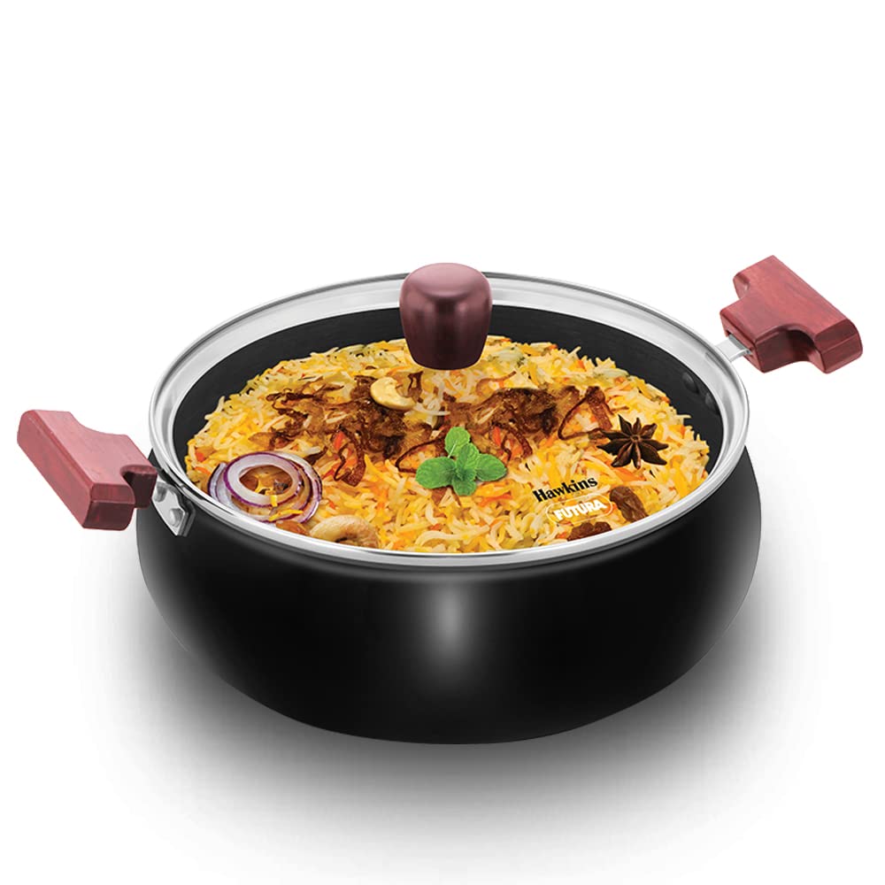 Hawkins Futura 5 Litre Hard Anodised Cook n Serve Handi with Glass Lid, Black (ACH50G)
