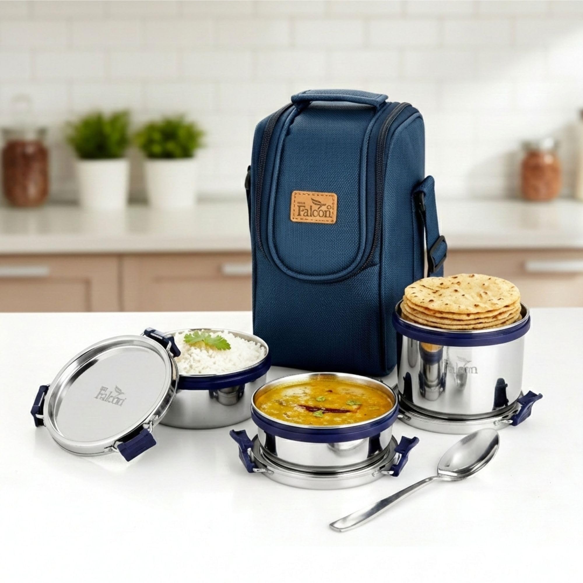 Pddfalcon Eco Nxt Lunch Box Set of 3 with Bag Navy Blue 1000Ml FP11007