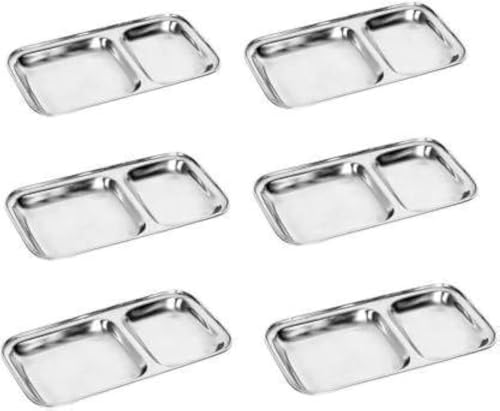 Dynore SS Two Compartment Nasta/Snacks/Partition Plate 2 in 1(Set of 6) DS_1507