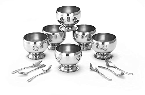 Dynore SS Apple Design Ice Cream Cups & Ice Cream Spoons 6 Pcs(Set Of 12)250ML DS_1509