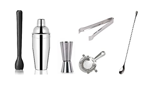 Dynore SS Bartender Martini Kit Bar Set(Teardrop Bar Spoon,Cocktail Shaker 500ML, Tall peg Measure 30/60ML, Black PVC Muddler,Ice Tong,Cocktail Strainer)Set of 6 DS1770