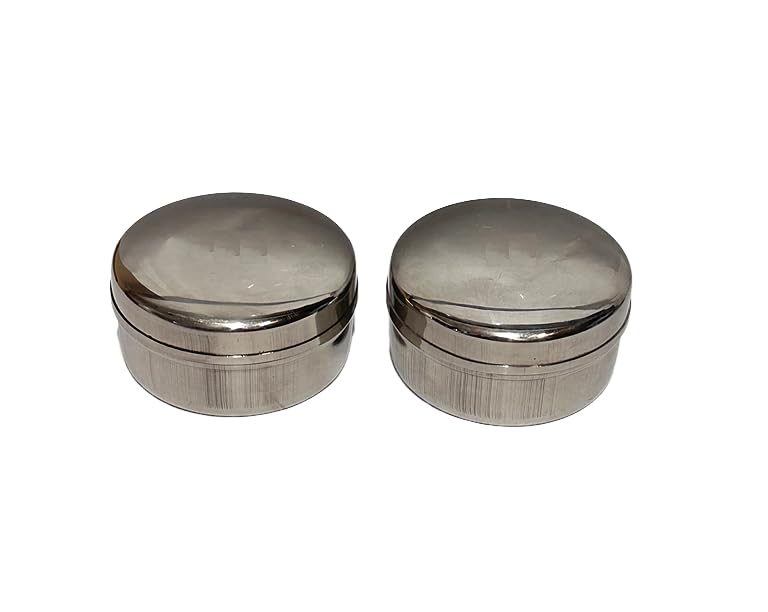 Dynore SS Round Shape Flat Dabba for Snacks Set of 2 Silver DS_2074