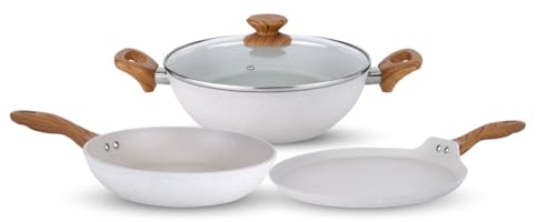UCOOK SALFORD Forged NS Set of 3+1 (Kadai+Frypan+Tava+LID) IC with White Spatter SF9001