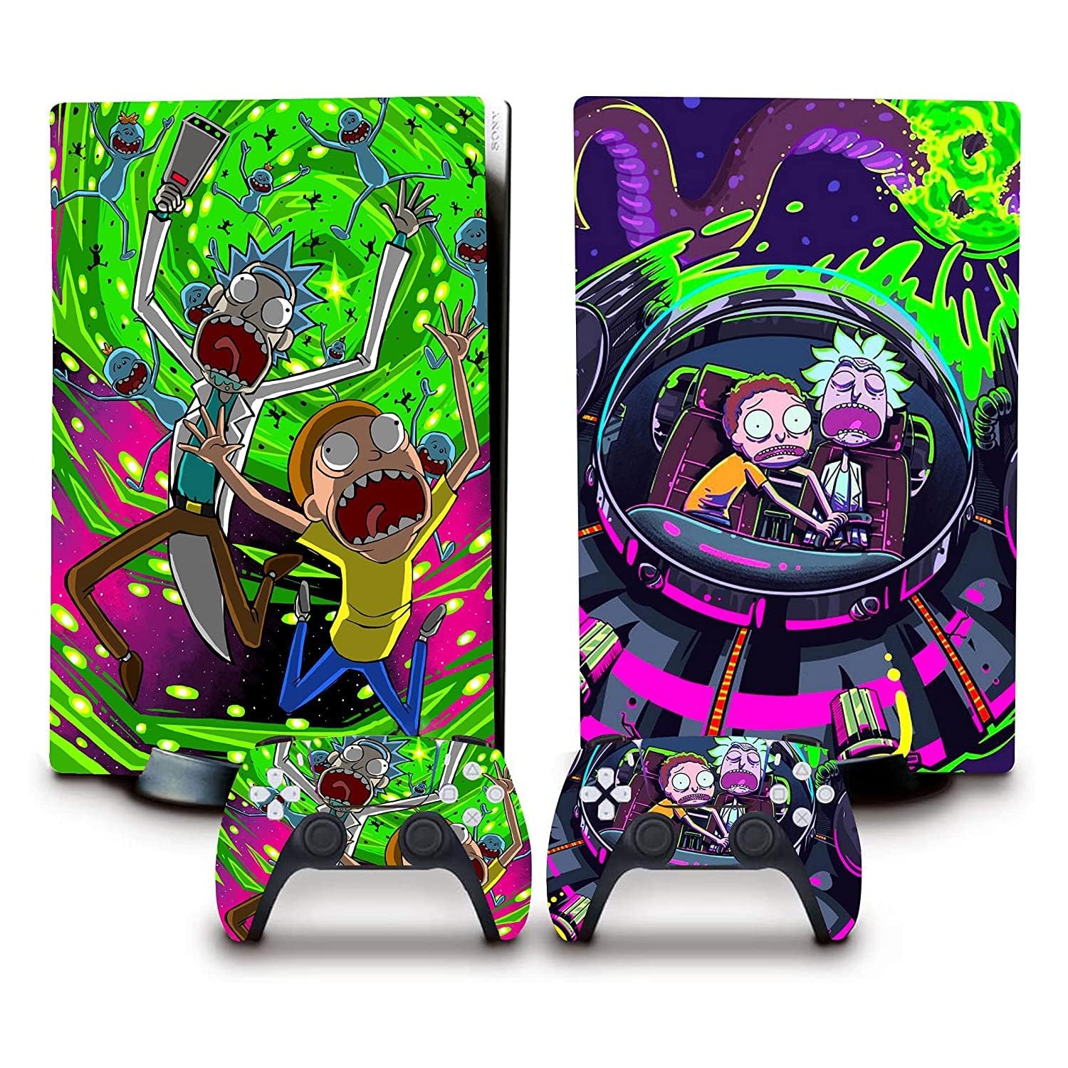 Skin Poster PS5 Skin Protective Wrap Cover Vinyl Sticker Decals for PlayStation 5 Disk Version Console and Two Dual Sense 5 Sticker Skins Black PS5 Skin Console and Controller (Rick and Morty)