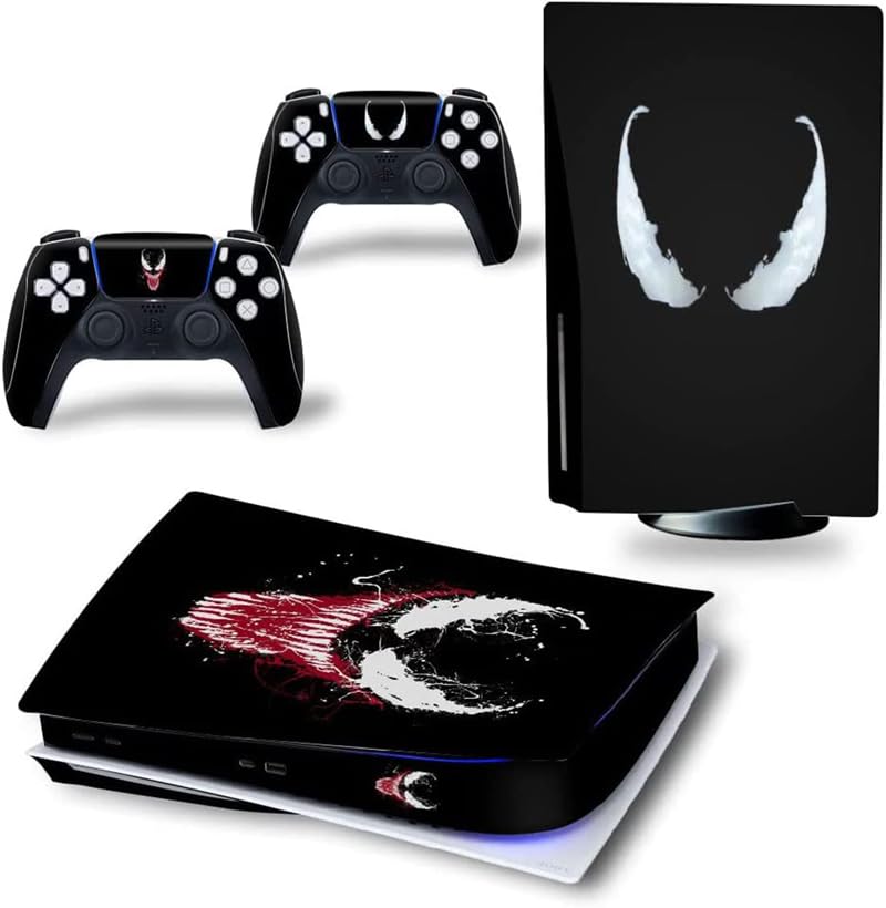 Skin Poster PS5 Skin Protective Wrap Cover Vinyl Sticker Decals for PlayStation 5 Disk Version Console and Two Dual Sense 5 Sticker Skins PS5 Skin Console and Controller (Black,Venom)