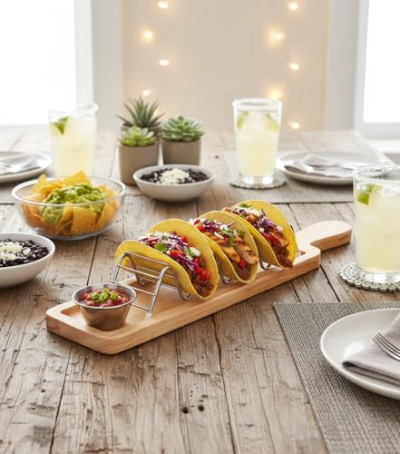 KMW Wooden Platter 2Pc Set 3 Compartment Taco Rack & Sauce Cup COM02