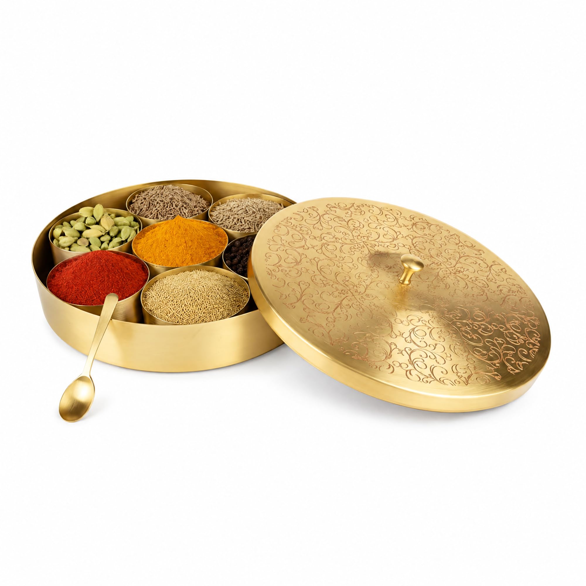 JIAA Handcrafted Pure Pital/Brass Spice Storage 7 Containers with Spoon (8 Inch)10020001