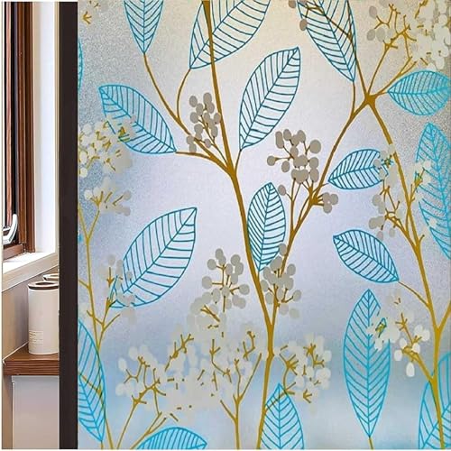 Skin Poster Window Sticker Wallpaper Sheet for Glass Blue Leaves 16x48 Inch