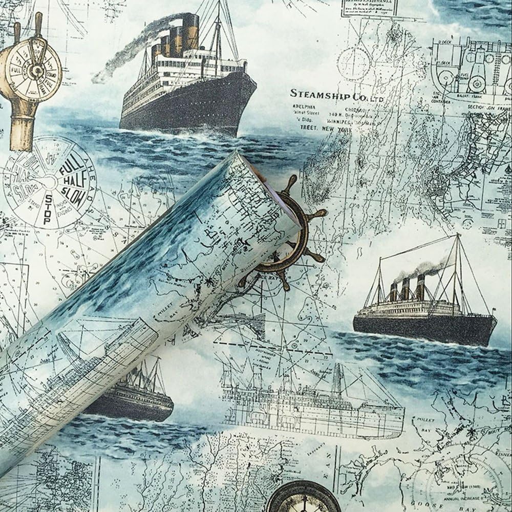 Skin Poster 3D Vinyl Stickers Wallpaper for Walls Oil Blue Pirate Ship 16x36 Inch