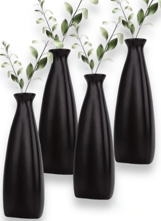 Homeatomy | Triangular Bottle vase Bottle Shape Flower Vase Money Plant vase for Home Decor Office Table Living Room Center Table Premium Matte Finish (Matte Black (Set of 4))
