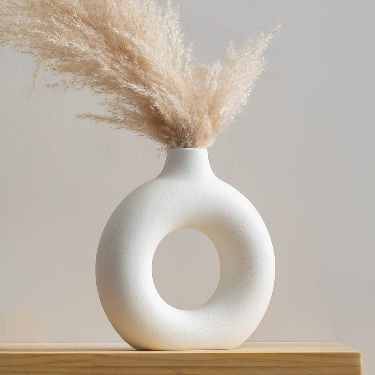 Homeatomy™ | Donut Flower Vase | White Ceramic Circle Pampas Grass Vase for Home Decor | Round Vase Showpiece Living Area, TV Unit Housewarming Gift (8 Inch)