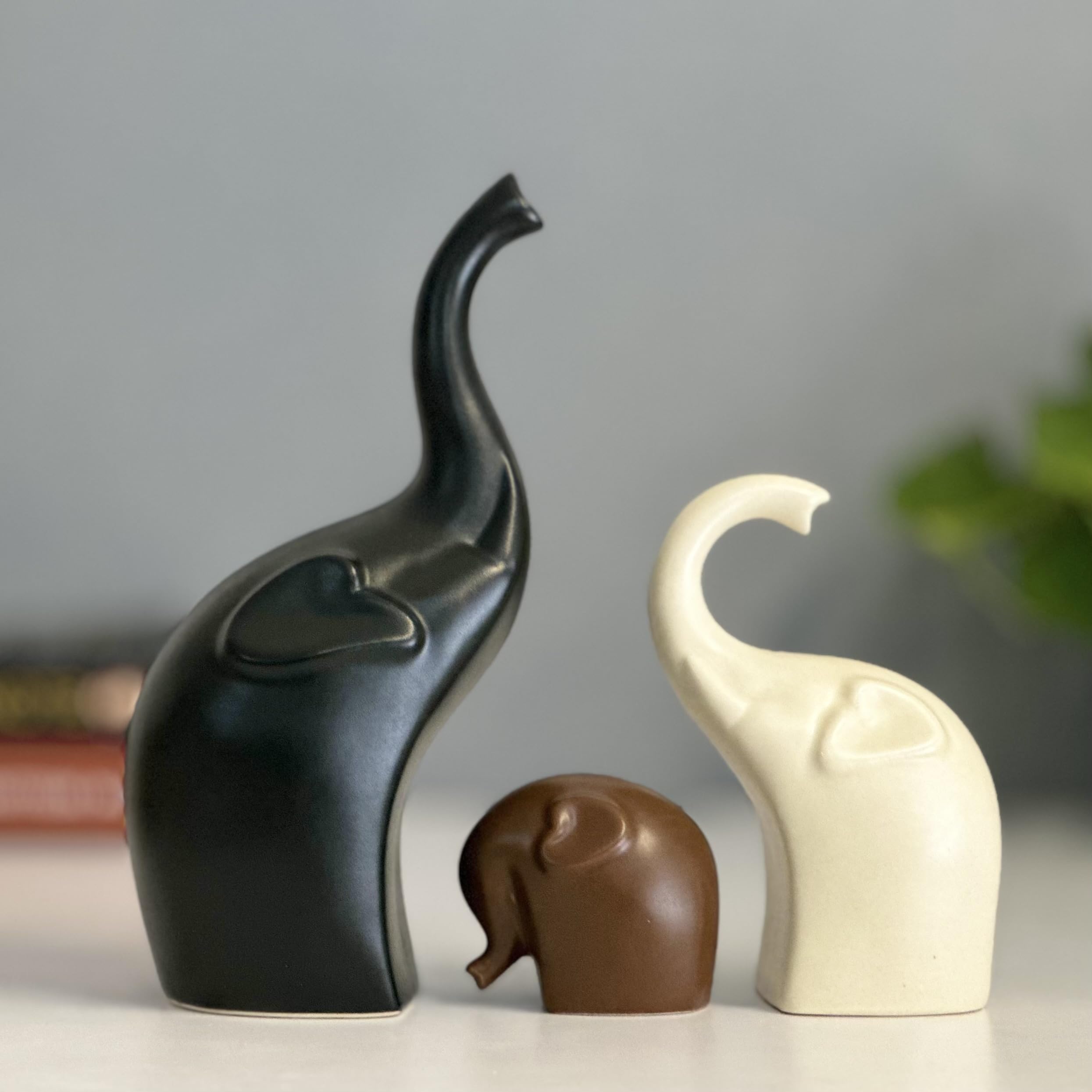 Homeatomy™ | Elephant Family Matte Finish Ceramic Figures | Home Decor Living Room Decorative Items Showpieces House Warming Gifts for New Home| (Black Brown White)