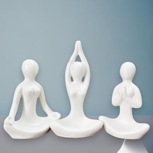 Homeatomy™ |Yoga Girl Statue Set of 3 | Minimalist Ceramic Meditation Thinker Sculpture | Decorative Yoga Statues for Modern Home Decor (Matte_White)