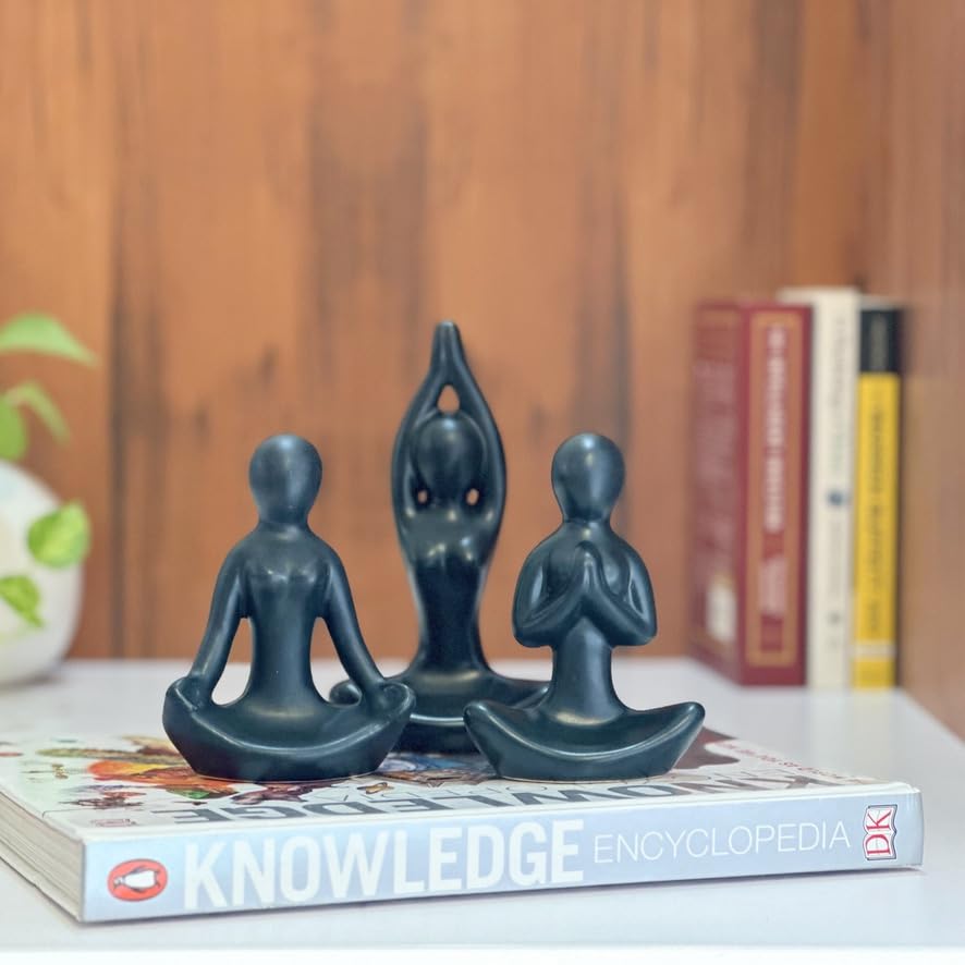 Homeatomy™ |Yoga Girl Statue Set of 3 | Minimalist Ceramic Meditation Thinker Sculpture | Decorative Yoga Statues for Modern Home Decor (Matte_Black)