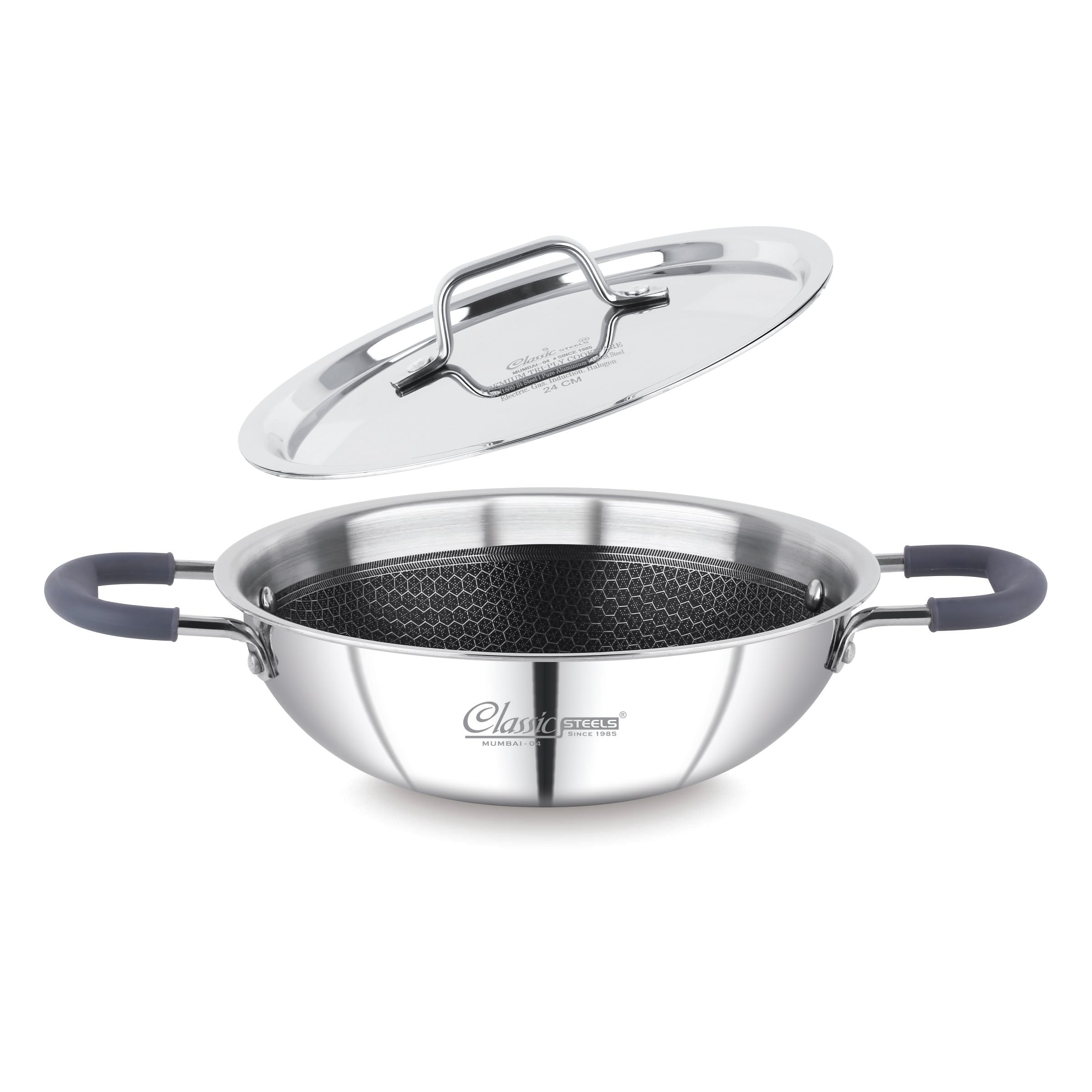 Classic Steels Hexa Comb Triply Kadai with Glass Lid-22CM