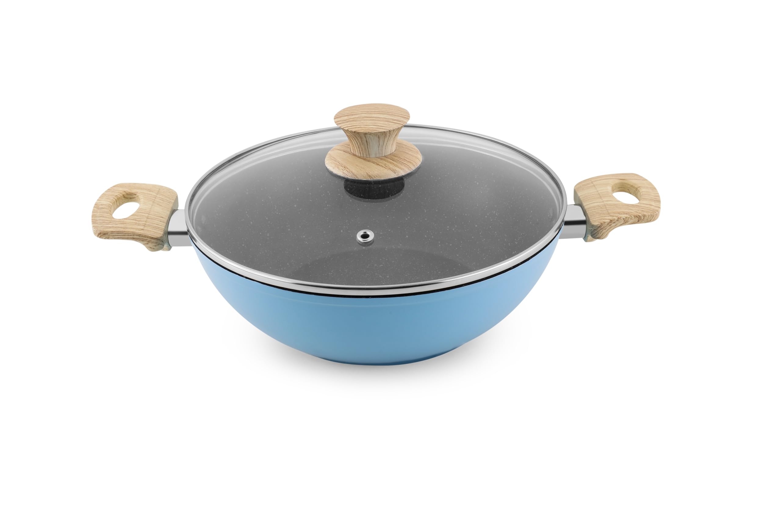 UCOOK SALFORD FORGED NS MARBLE FINISH KADAI IC WITH GLASS LID WOODEN HANDLE 240MM GREEN SF0303