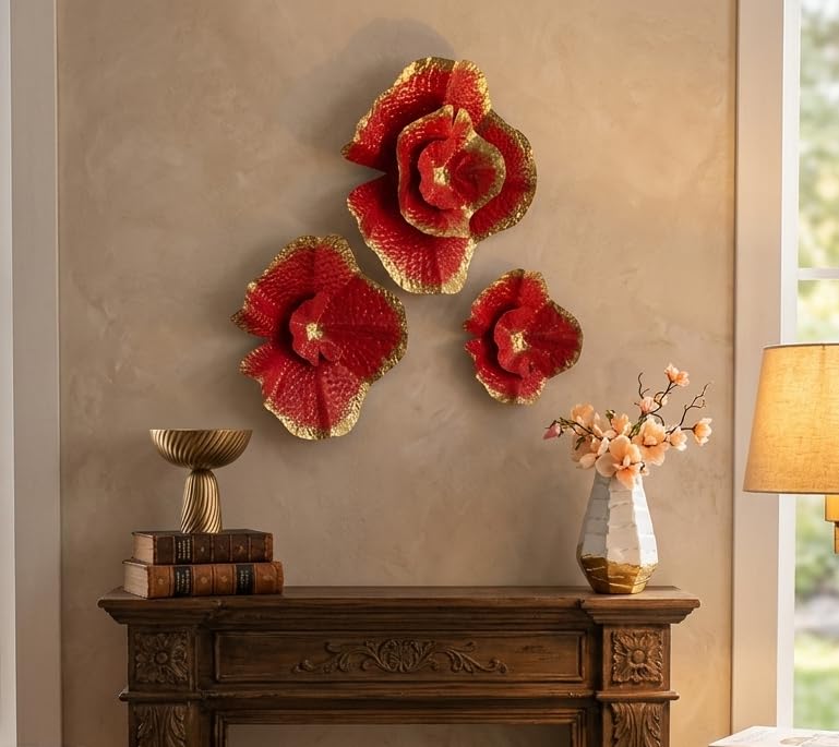 Orobe Homes Red Gold Ethnic Metal Flowers Wall Decor CPWAR100035_OB