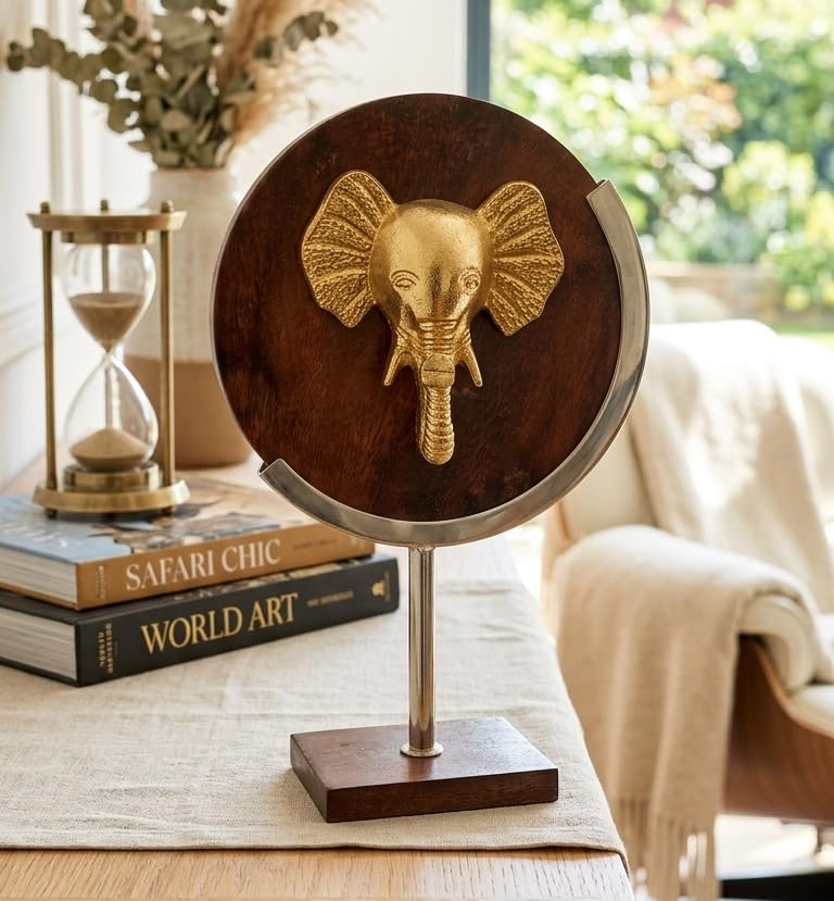 OROBE Decorative Elephant Head Sculpture on Stand Tall Aluminum & Wood Tabletop CPTSC100102_OB