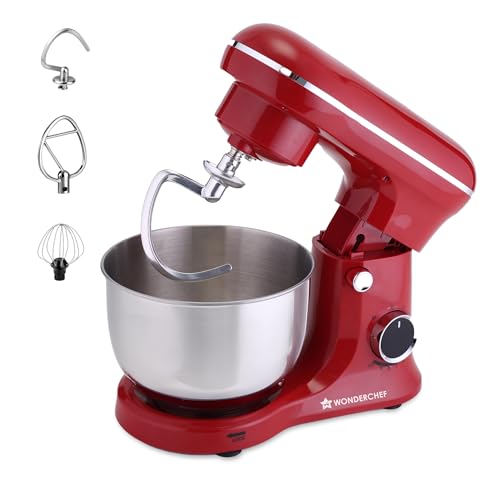 Wonderchef Regalia Neo Stand Mixer, 5.5 L Stainless-Steel Bowl, Whisk, Whip, Beat, Mix, for Cake & Pizza Doughs, Creams, Salad Dressings, Eggs, 10-Speed Setting, 4 Attachments, 2-Yr Warranty, Red