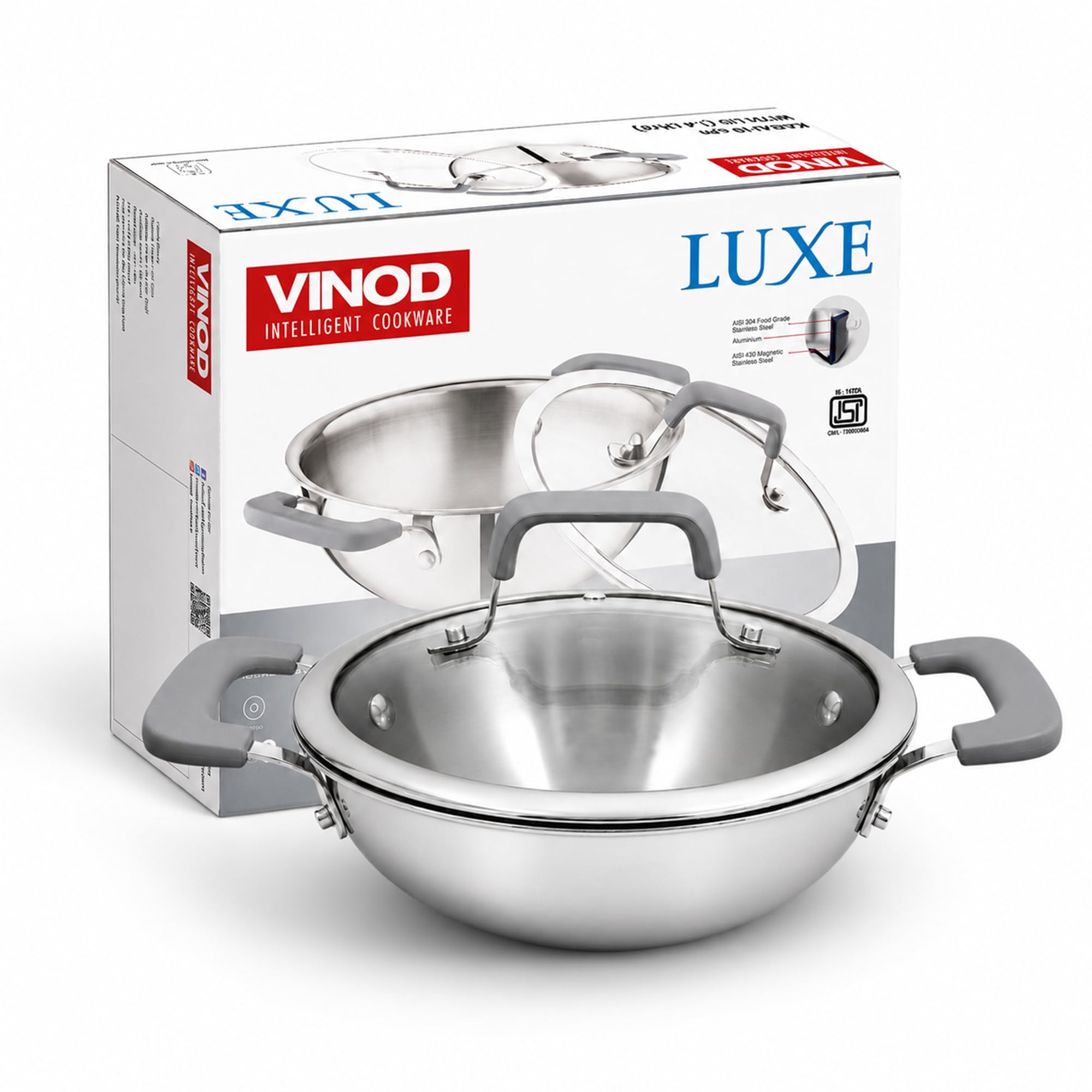 VC970 Vinod Luxe Triply Kadai with Glass Lid 18CM LXKD18