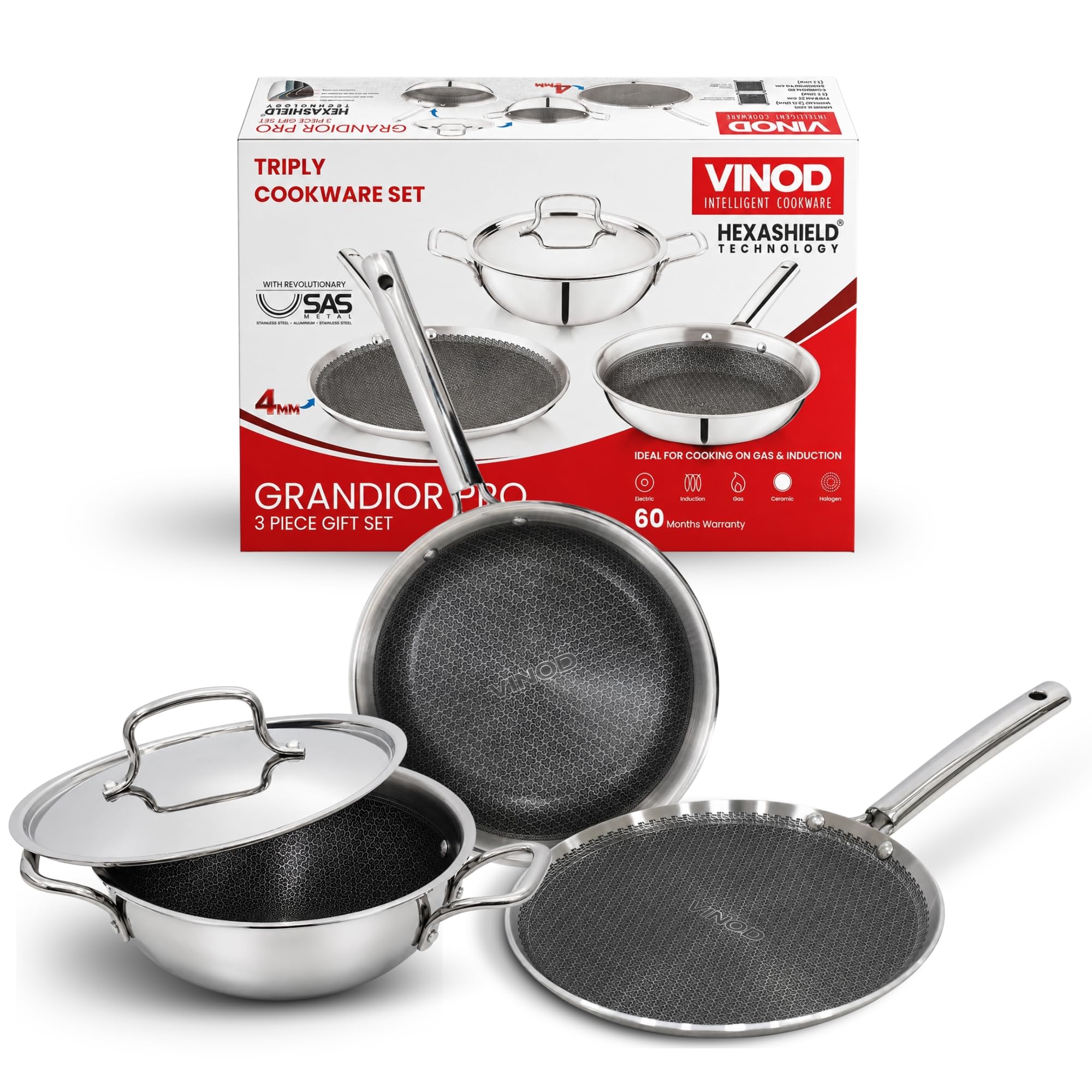Vinod Grandior Triply Pro set 3 pcs (Kadai 22 cm - 2.3 L with Lid, Frypan 22 cm 1.5 L & Dosa Tawa 28 cm )